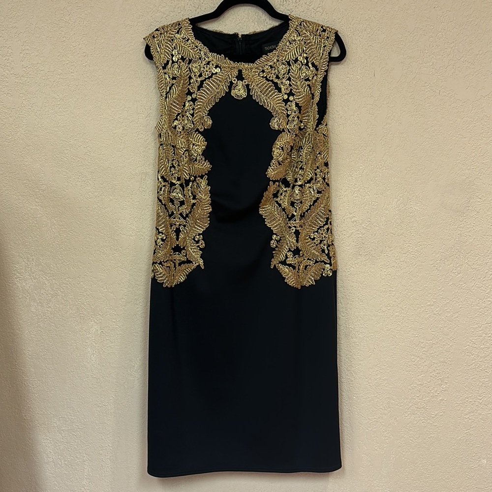 Tadashi Shoji Black and Gold Midi Dress